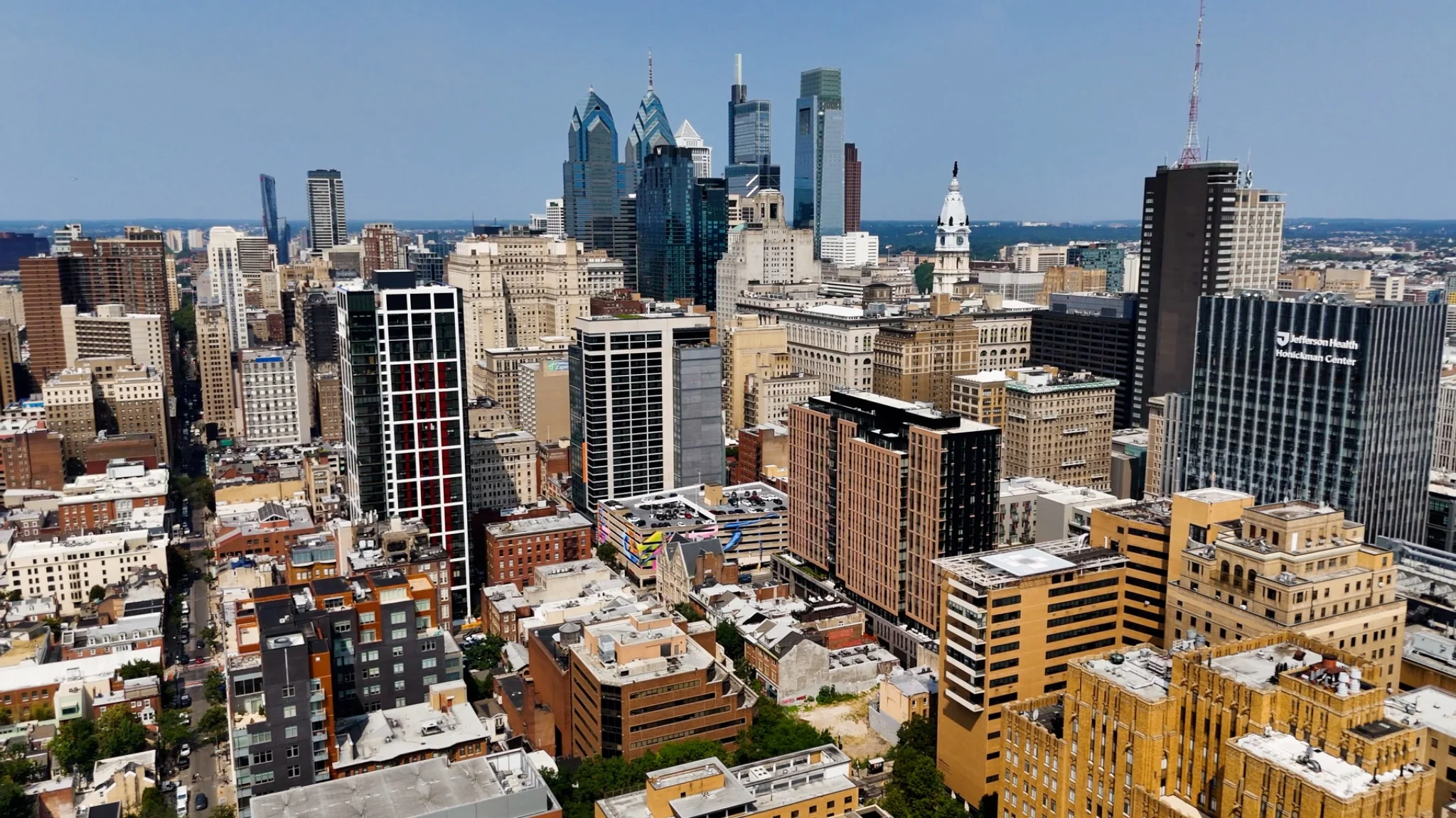 Original aerial photography looking across the Philadelphia skyline